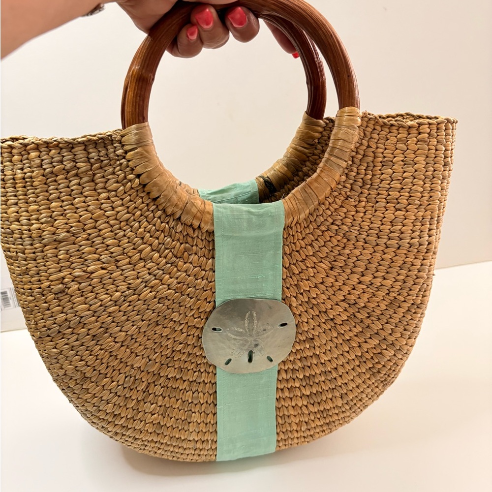Queen Bea Studio Half Moon Straw Handbag Green Ribbon EUC